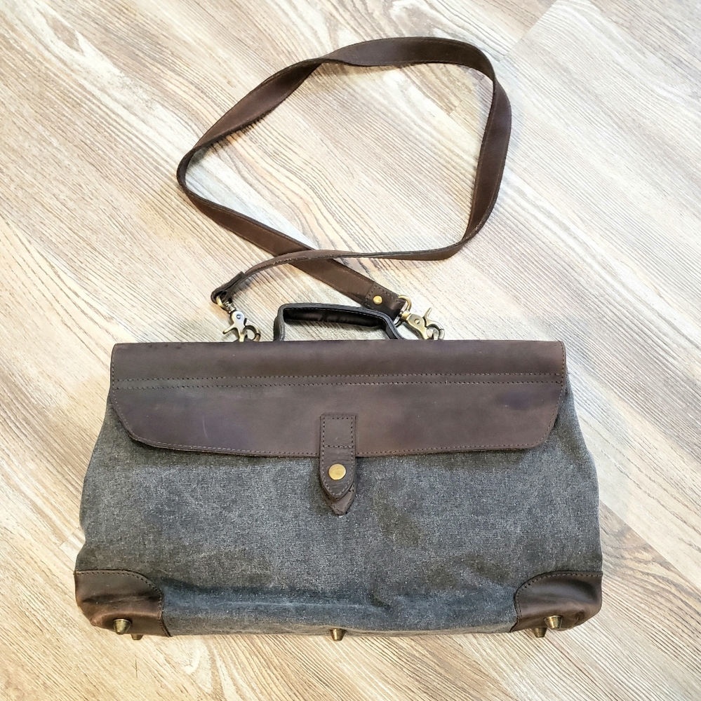 Cosset Calf Leather Canvas Messenger Bag Mens Womens Brown Grey Unisex Studded - Picture 12 of 16